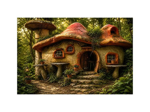Whimsical mushroom house in forest for stylish living room wall decor.