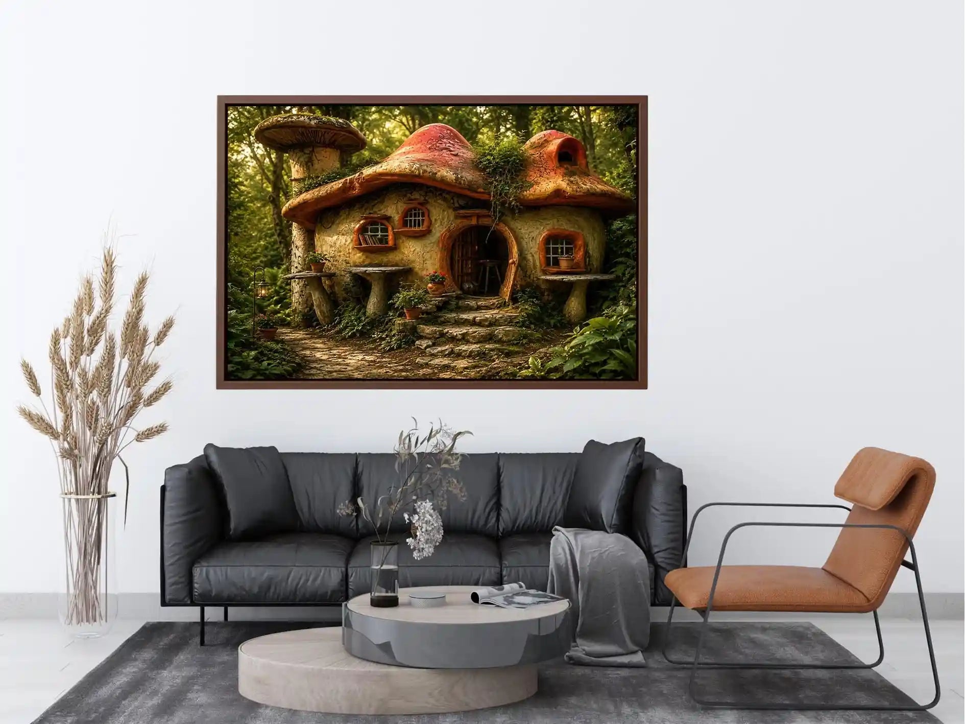 Whimsical mushroom house in forest for stylish living room wall decor.