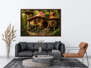 Whimsical mushroom house in forest for stylish living room wall decor.