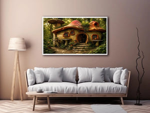 Whimsical mushroom house in forest for stylish living room wall decor.