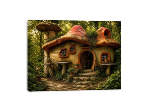Whimsical mushroom house in forest for stylish living room wall decor.