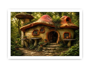 Whimsical mushroom house in forest for stylish living room wall decor.