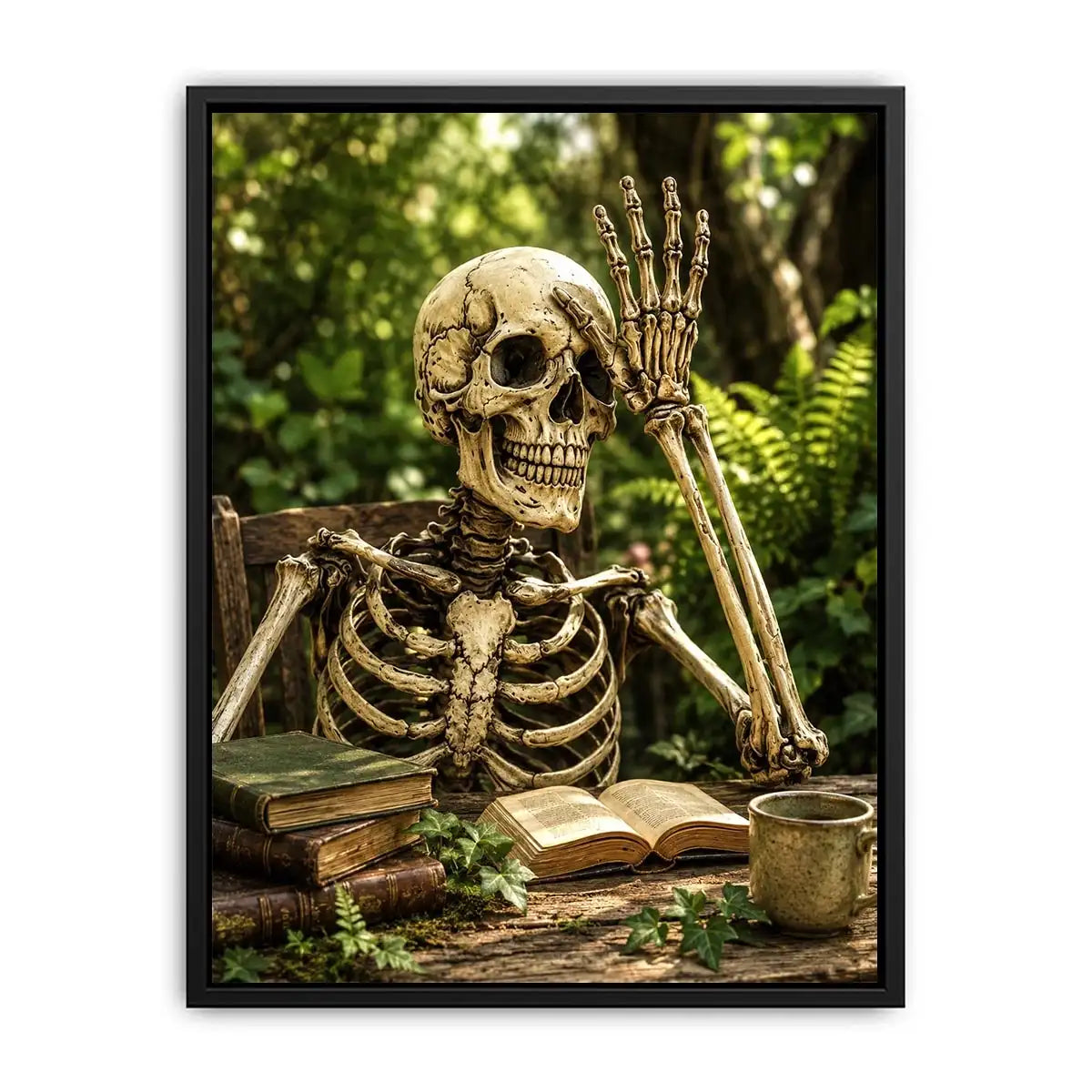 Vintage skeleton reading books outdoors for stylish living room wall decor.