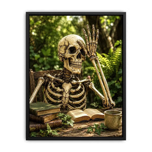 Vintage skeleton reading books outdoors for stylish living room wall decor.