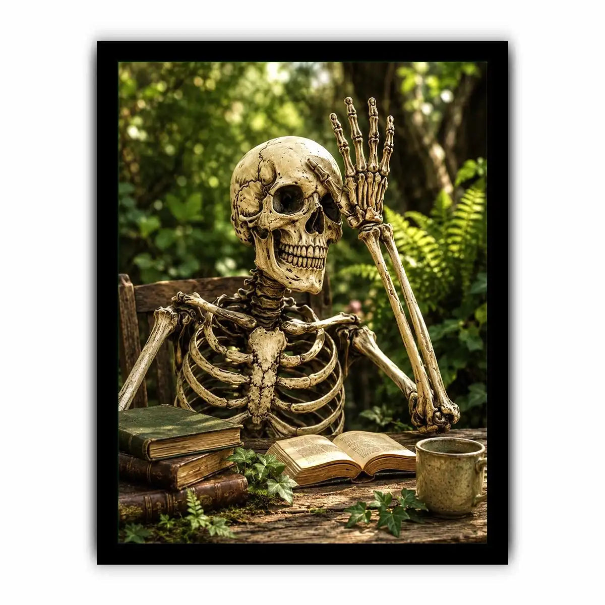 Vintage skeleton reading books outdoors for stylish living room wall decor.