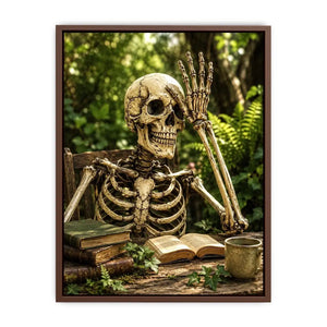 Vintage skeleton reading books outdoors for stylish living room wall decor.