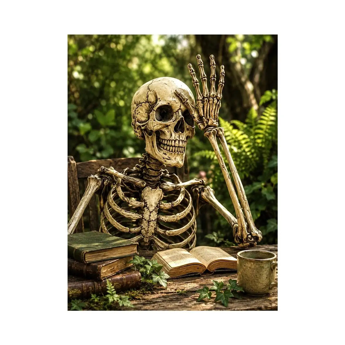 Vintage skeleton reading books outdoors for stylish living room wall decor.