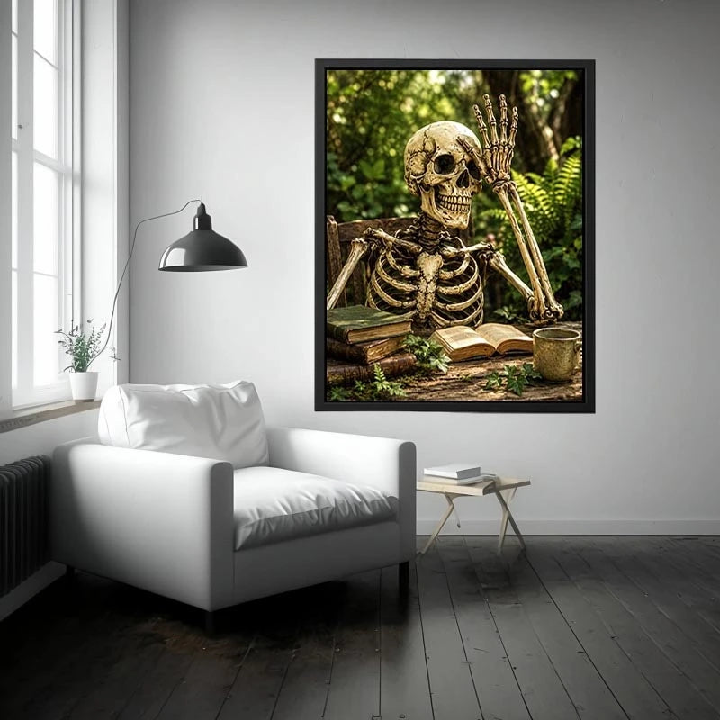 Vintage skeleton reading books outdoors for stylish living room wall decor.