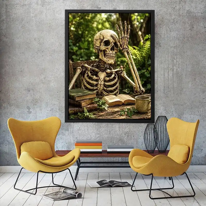 Vintage skeleton reading books outdoors for stylish living room wall decor.