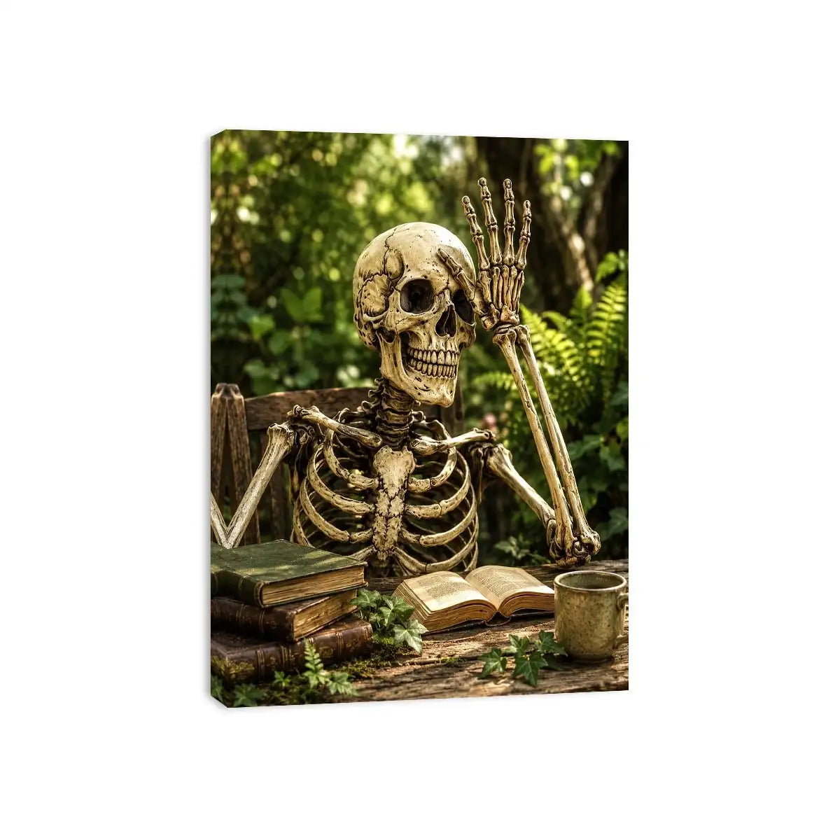 Vintage skeleton reading books outdoors for stylish living room wall decor.