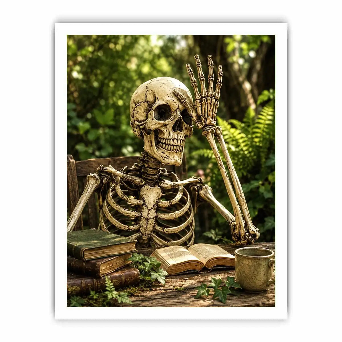 Vintage skeleton reading books outdoors for stylish living room wall decor.