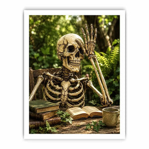 Vintage skeleton reading books outdoors for stylish living room wall decor.