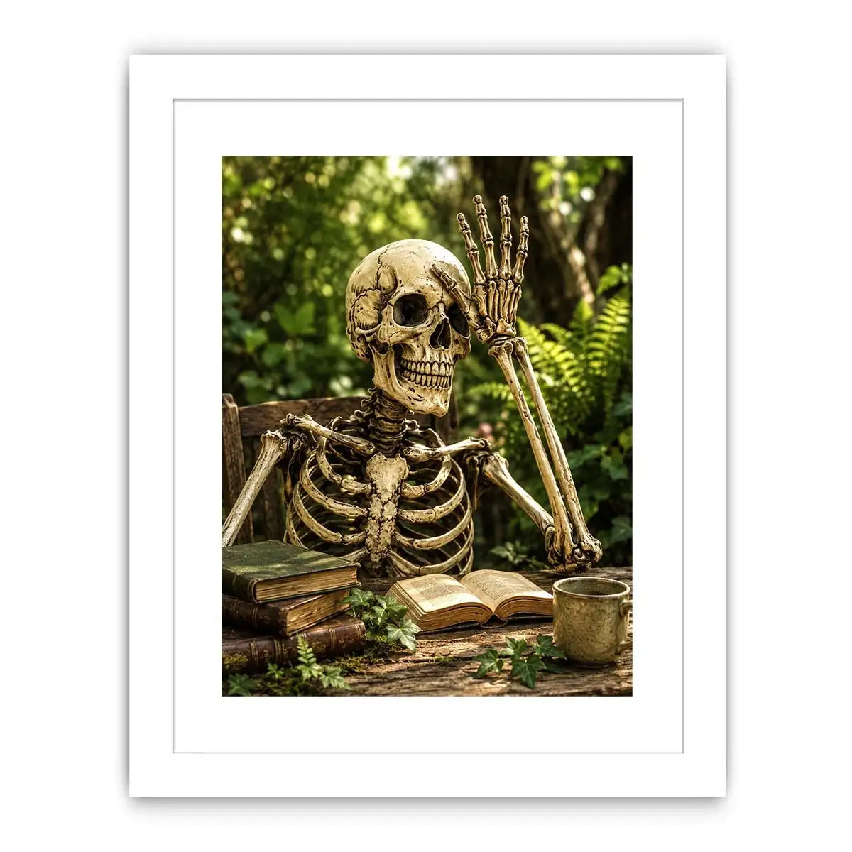 Vintage skeleton reading books outdoors for stylish living room wall decor.