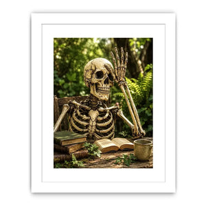 Vintage skeleton reading books outdoors for stylish living room wall decor.