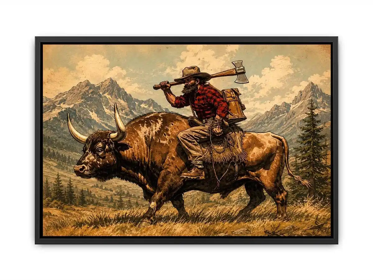 Western cowboy riding bull through mountains for stylish living room wall decor.