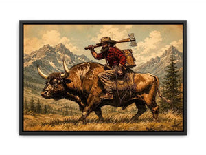 Western cowboy riding bull through mountains for stylish living room wall decor.