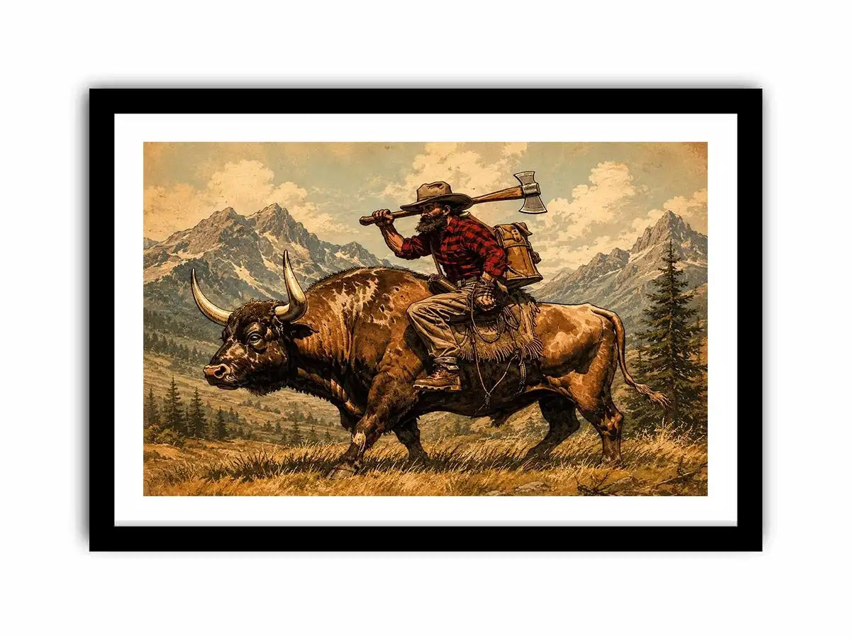 Western cowboy riding bull through mountains for stylish living room wall decor.