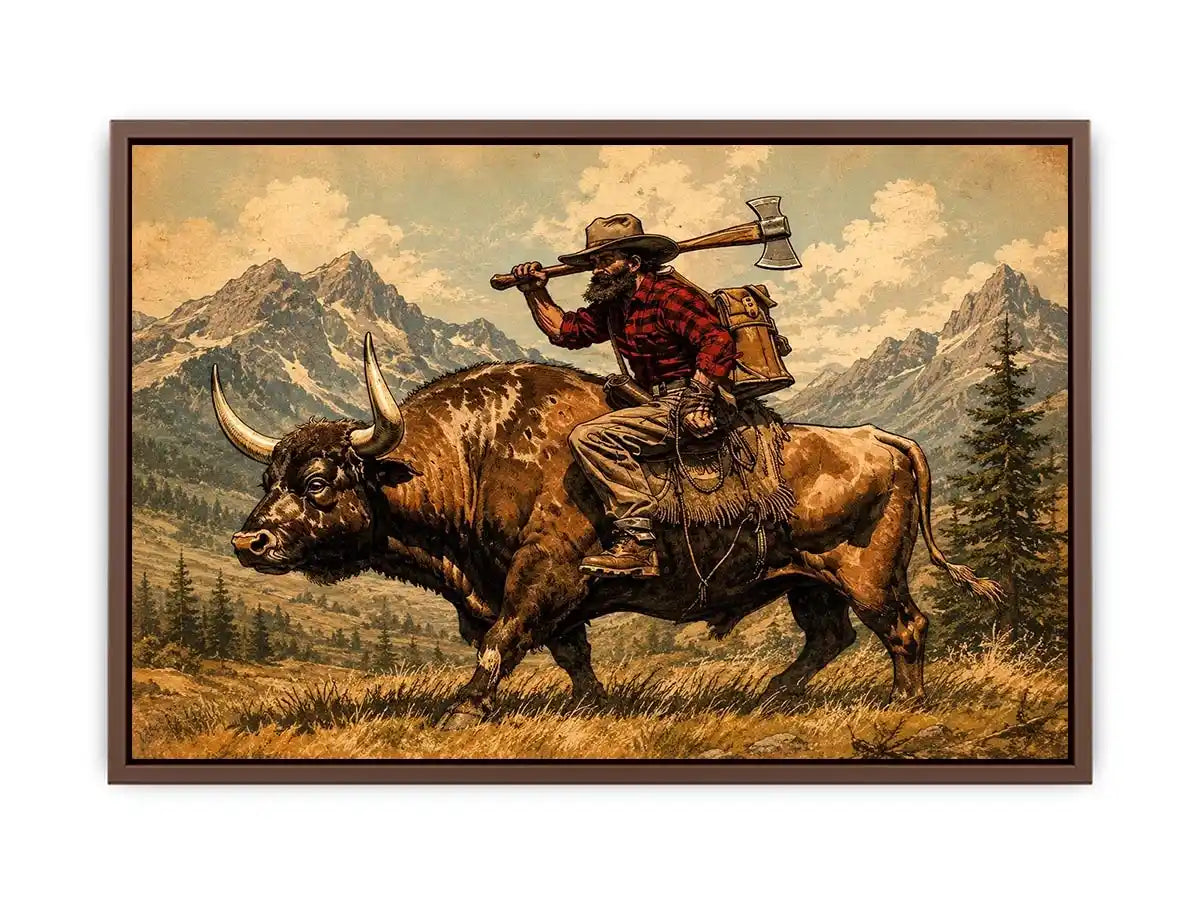 Western cowboy riding bull through mountains for stylish living room wall decor.