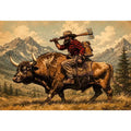 Western cowboy riding bull through mountains for stylish living room wall decor.