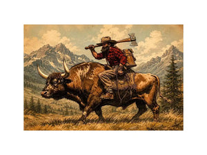Western cowboy riding bull through mountains for stylish living room wall decor.