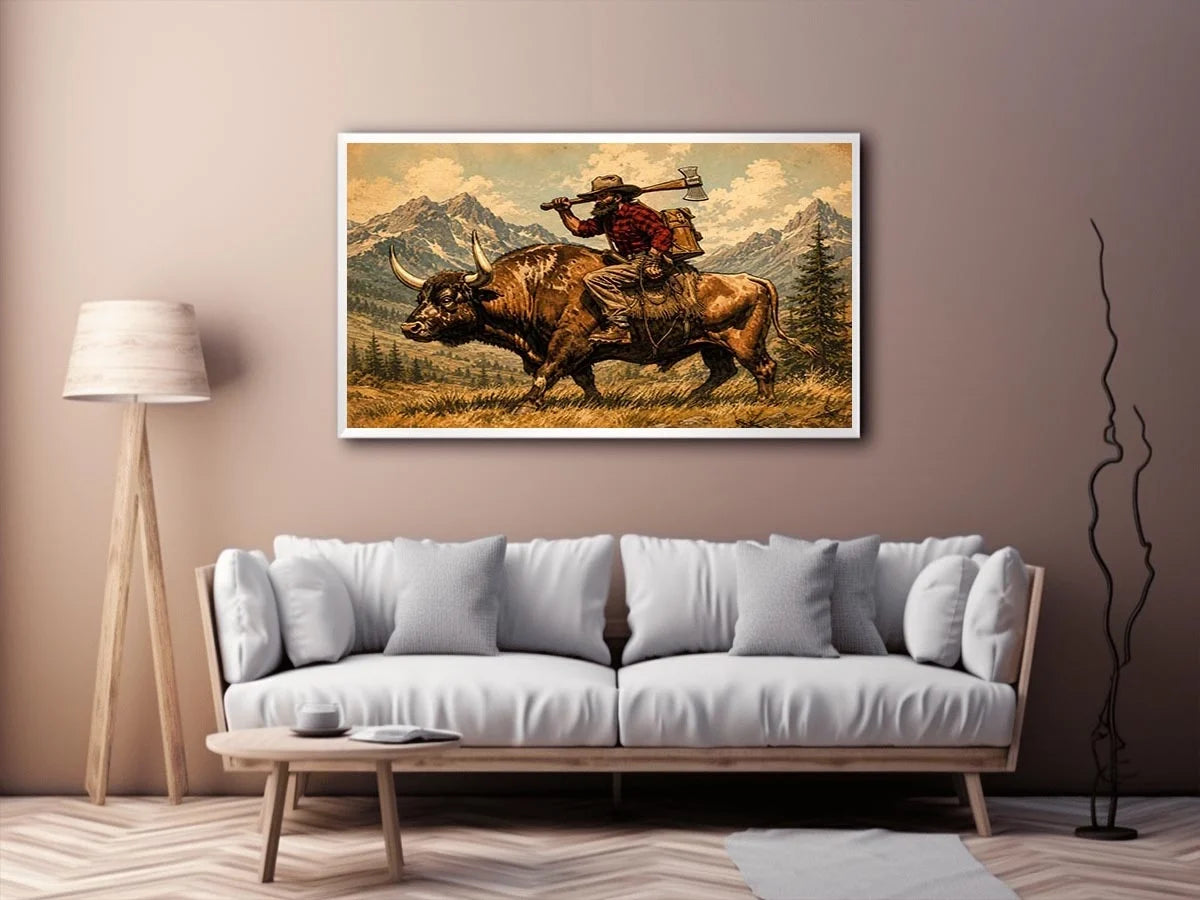 Western cowboy riding bull through mountains for stylish living room wall decor.