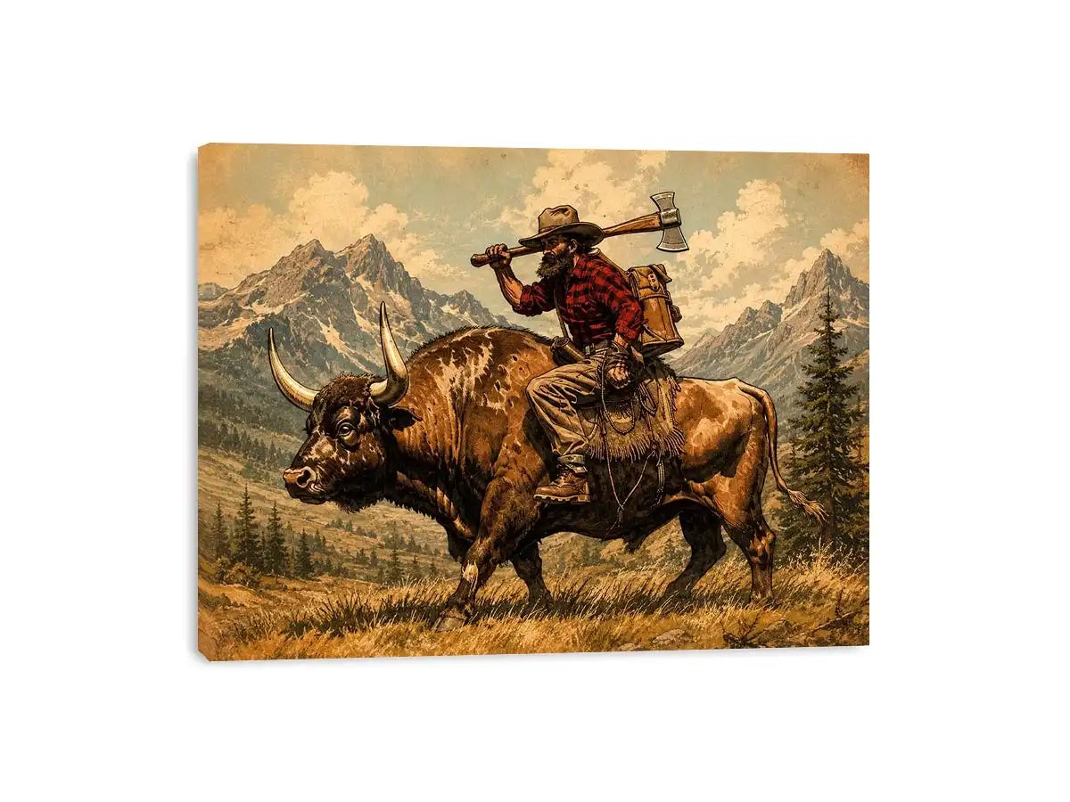 Western cowboy riding bull through mountains for stylish living room wall decor.