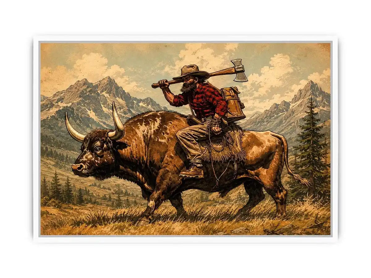 Western cowboy riding bull through mountains for stylish living room wall decor.