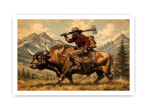 Western cowboy riding bull through mountains for stylish living room wall decor.