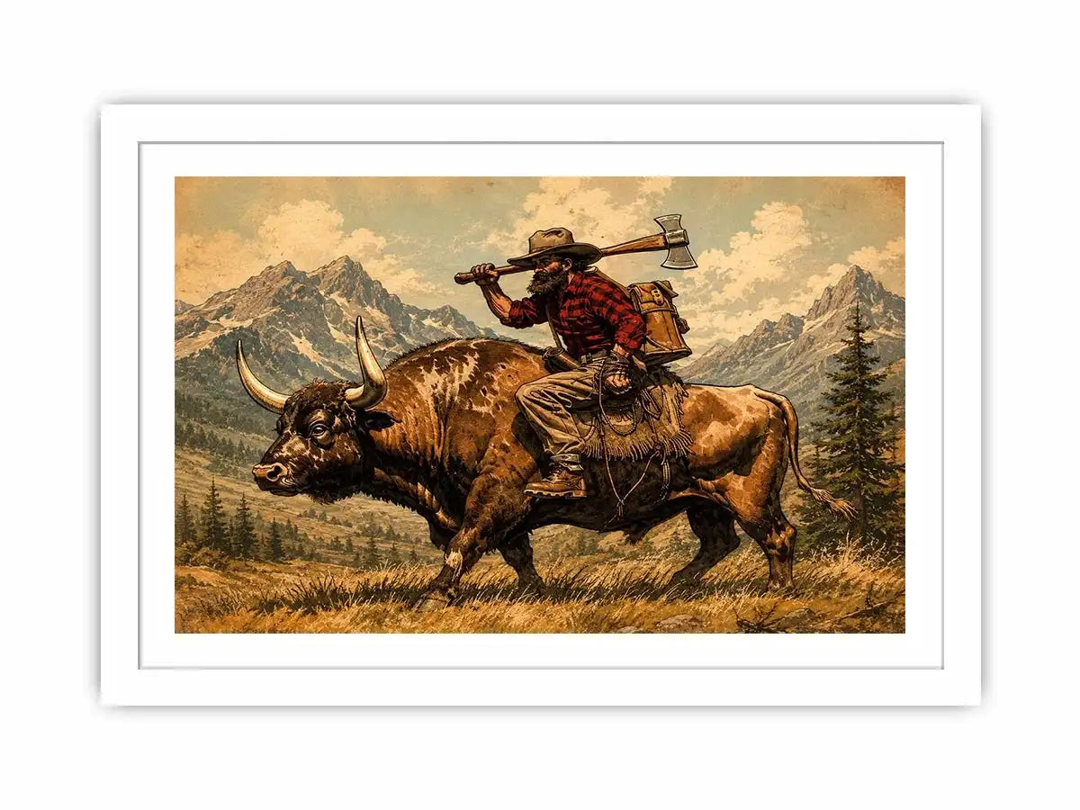 Western cowboy riding bull through mountains for stylish living room wall decor.