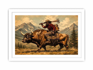 Western cowboy riding bull through mountains for stylish living room wall decor.