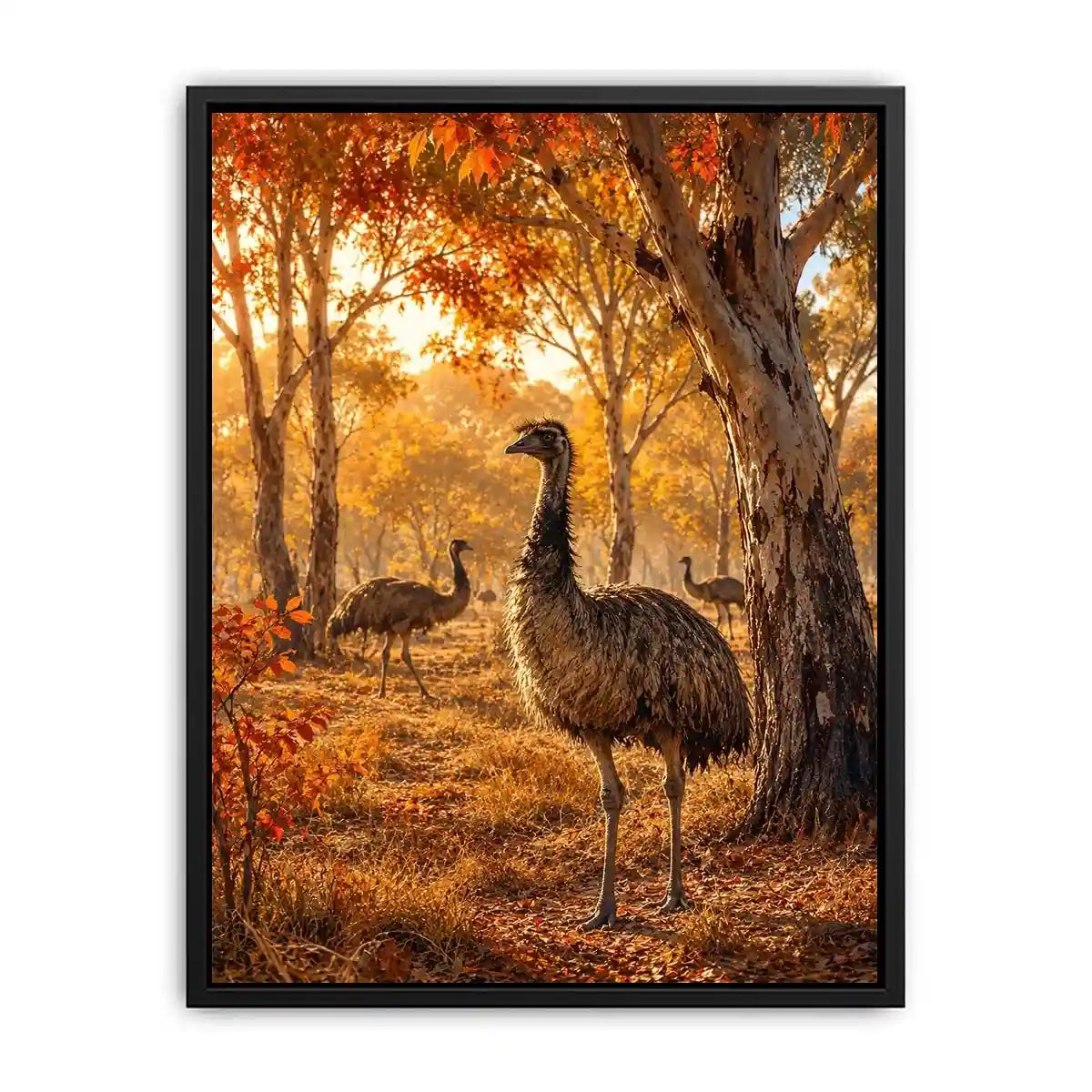 Autumn Emu Grove watercolor style canvas art for elegant modern home decor.