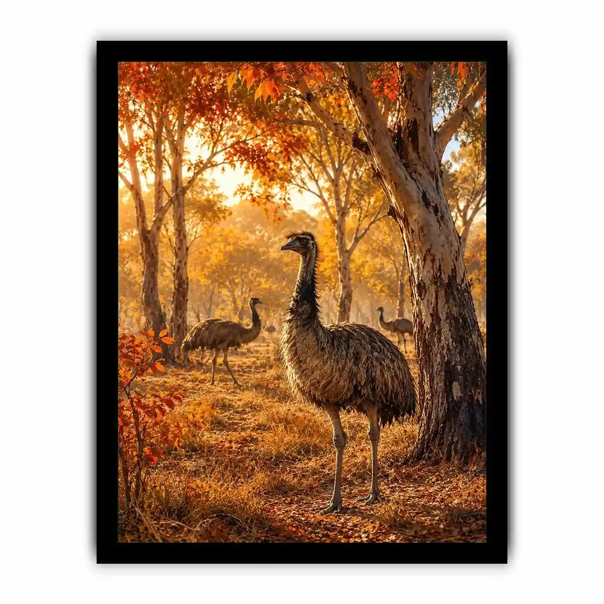 Autumn Emu Grove watercolor style canvas art for elegant modern home decor.