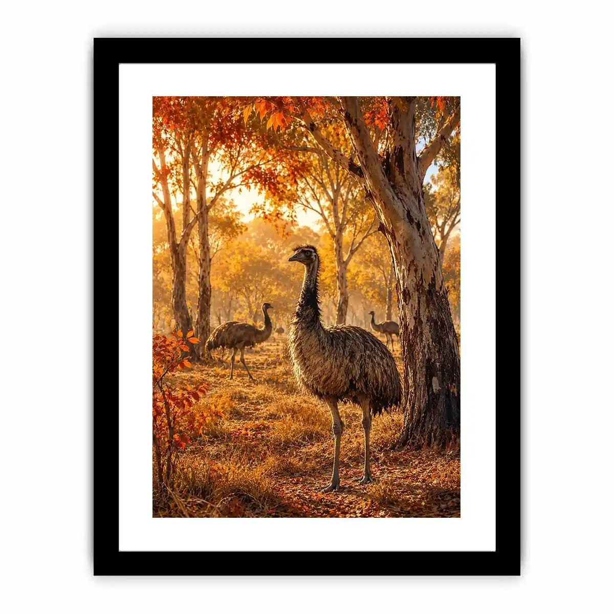 Autumn Emu Grove watercolor style canvas art for elegant modern home decor.