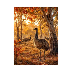 Autumn Emu Grove watercolor style canvas art for elegant modern home decor.