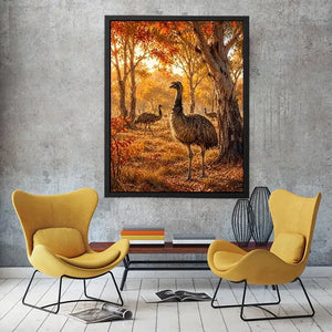 Autumn Emu Grove watercolor style canvas art for elegant modern home decor.