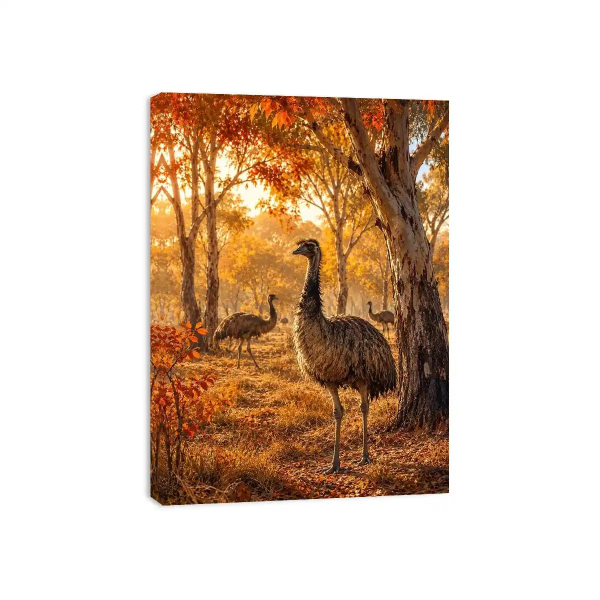 Autumn Emu Grove watercolor style canvas art for elegant modern home decor.