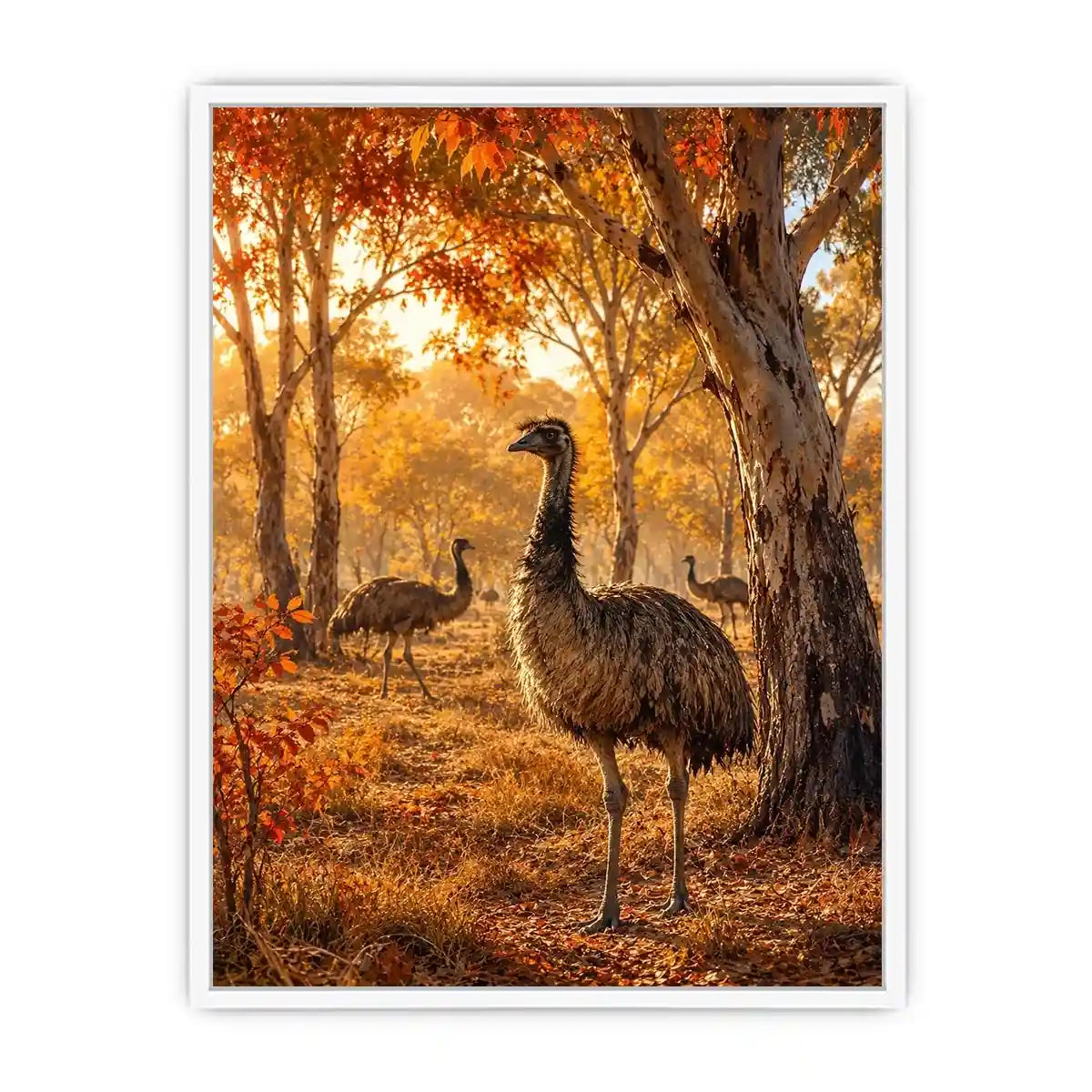 Autumn Emu Grove watercolor style canvas art for elegant modern home decor.