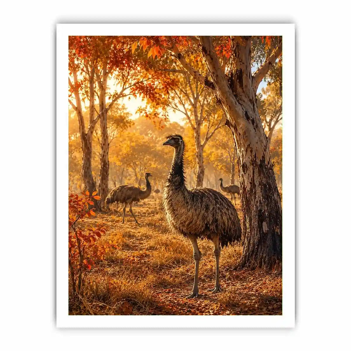 Autumn Emu Grove watercolor style canvas art for elegant modern home decor.