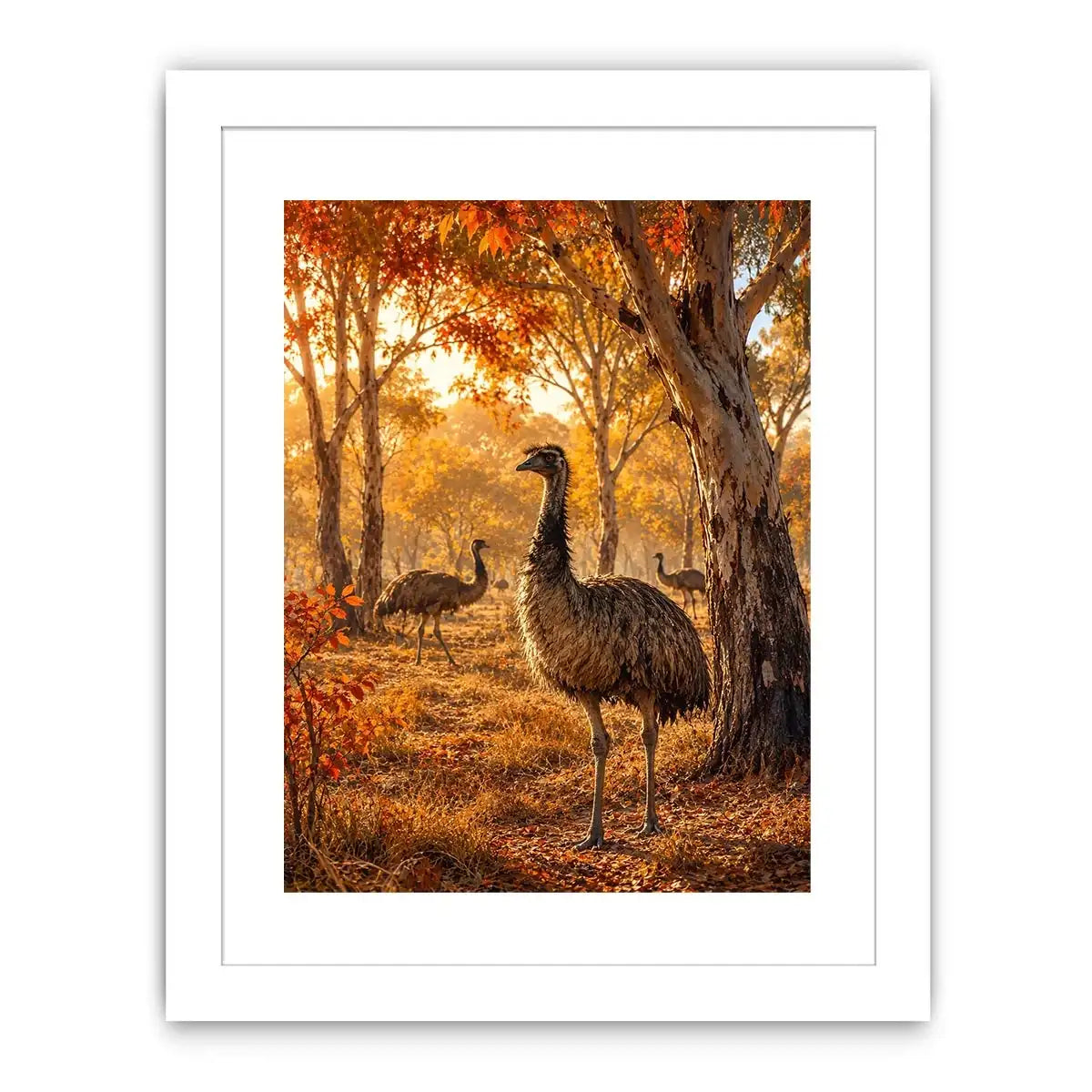Autumn Emu Grove watercolor style canvas art for elegant modern home decor.