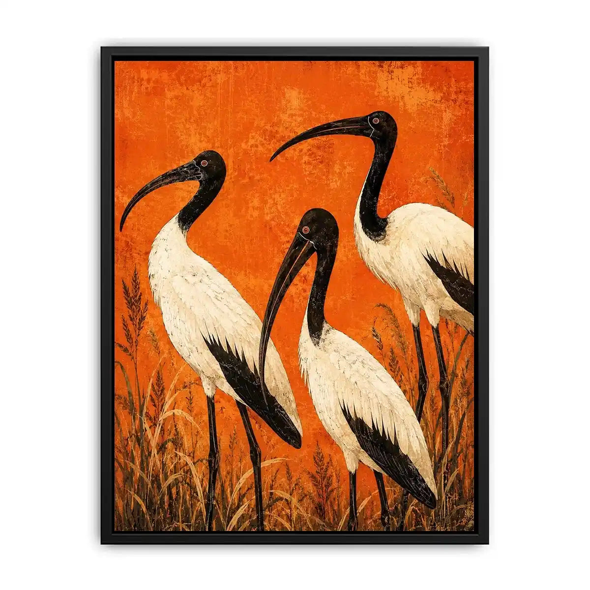 Crimson Ibis Trio watercolor style canvas art for elegant modern home decor.