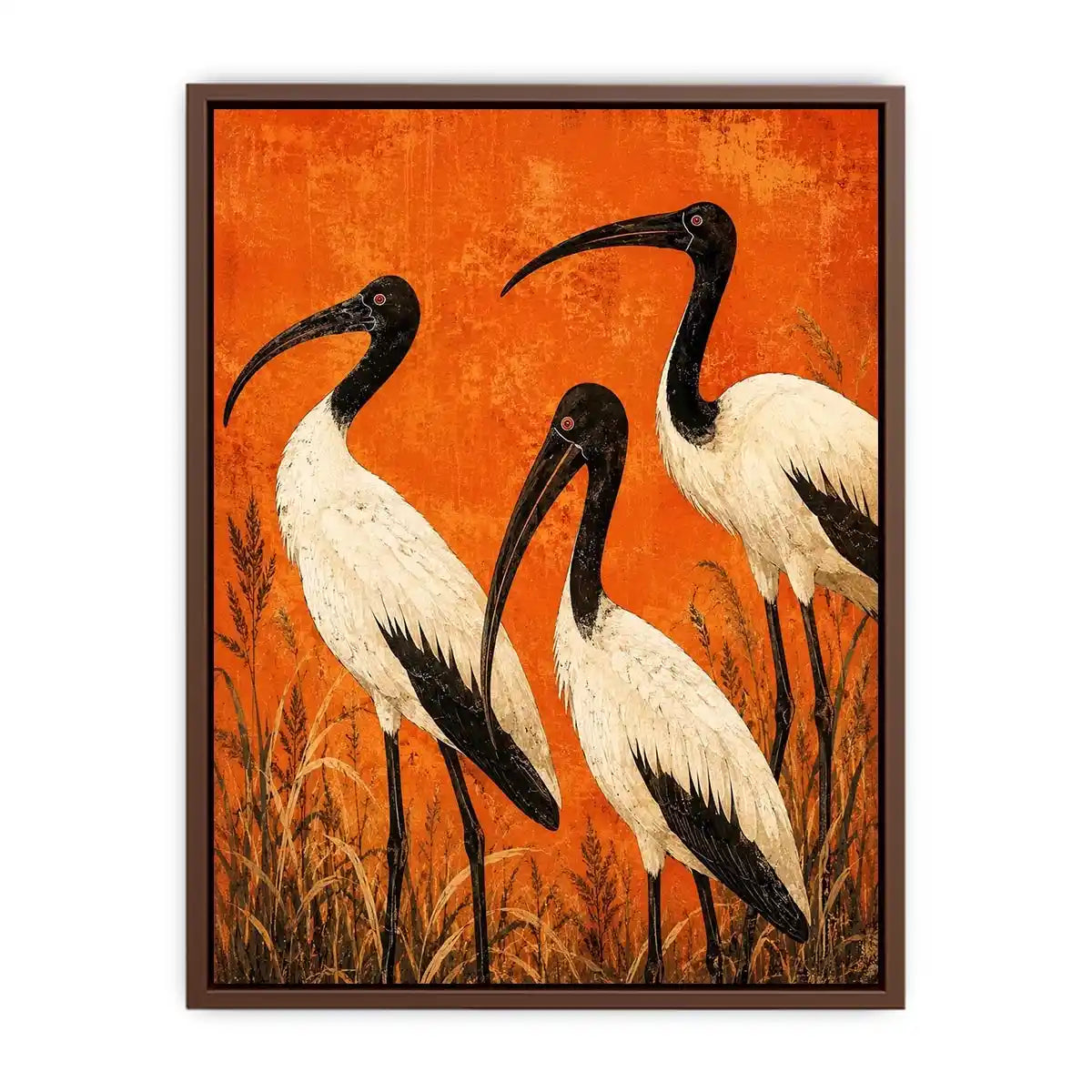 Crimson Ibis Trio watercolor style canvas art for elegant modern home decor.