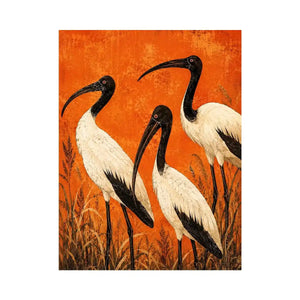 Crimson Ibis Trio watercolor style canvas art for elegant modern home decor.