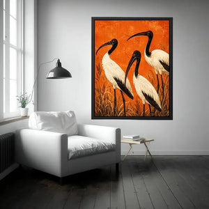 Crimson Ibis Trio watercolor style canvas art for elegant modern home decor.