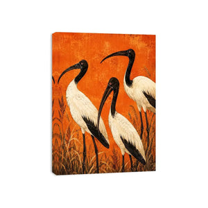 Crimson Ibis Trio watercolor style canvas art for elegant modern home decor.
