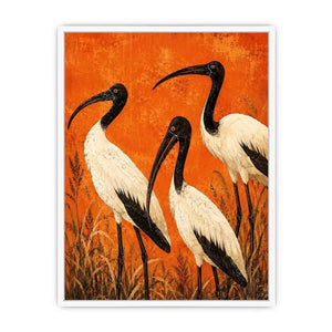 Crimson Ibis Trio watercolor style canvas art for elegant modern home decor.