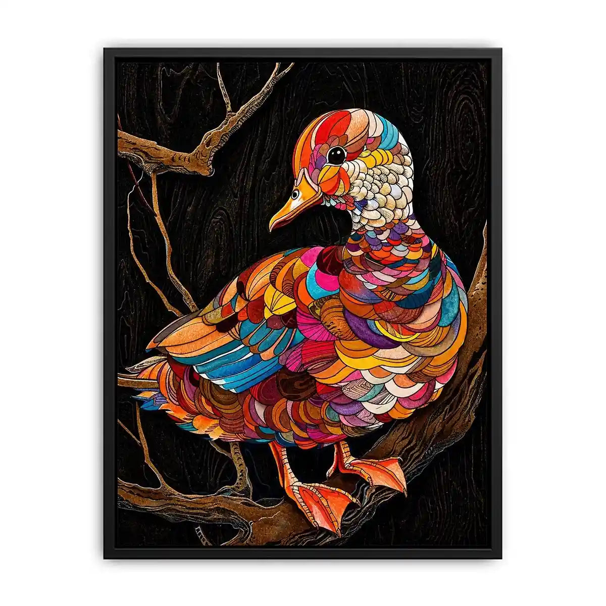 Colorful mosaic duck illustration perched on branch vibrant modern wall art