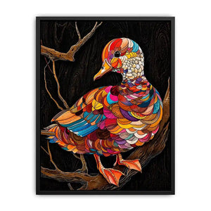 Colorful mosaic duck illustration perched on branch vibrant modern wall art