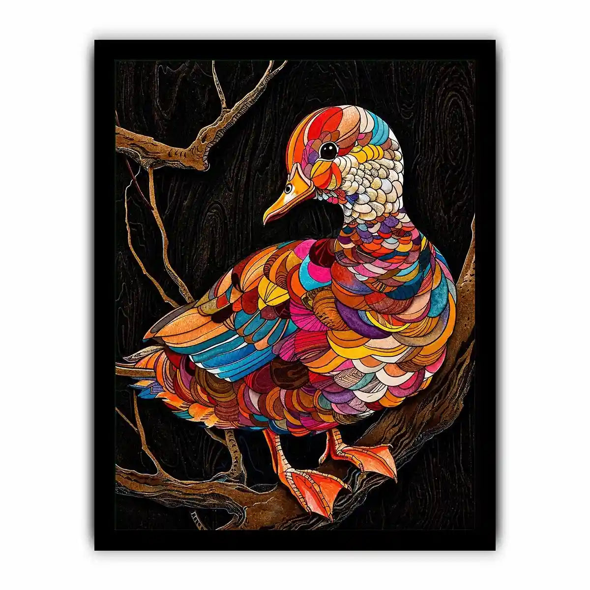 Colorful mosaic duck illustration perched on branch vibrant modern wall art