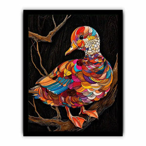 Colorful mosaic duck illustration perched on branch vibrant modern wall art