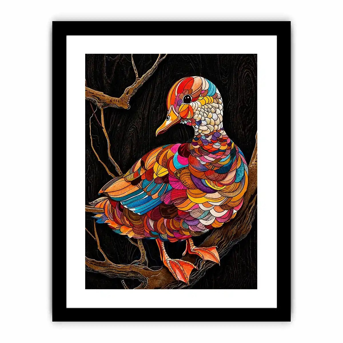 Colorful mosaic duck illustration perched on branch vibrant modern wall art